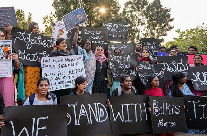 The ongoing protest in Bangalore in support of Bilquis Bano. Photo: PTI