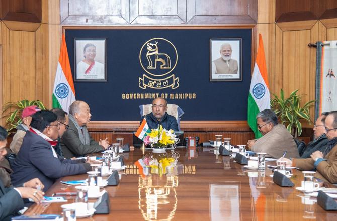 Manipur Chief Minister N Baran Singh with leaders during the meeting. Image: X