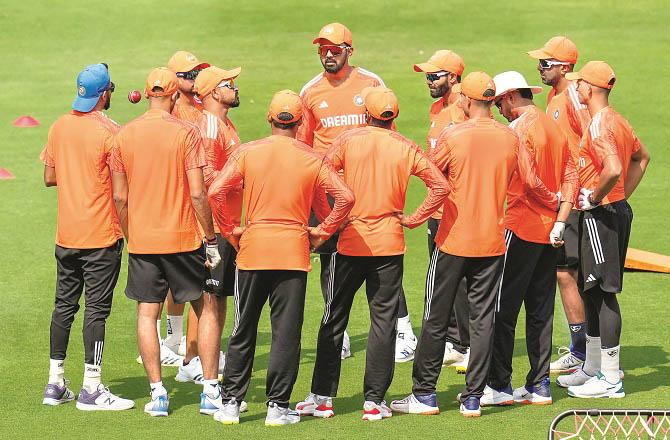The Indian team is seen during practice at the stadium in Hyderabad. Photo: PTI