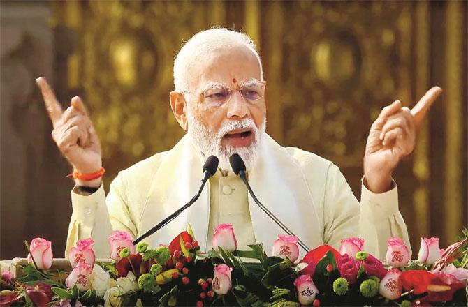 Prime Minister Modi addressing the guests after the inauguration of the Ram Mandir and Pran Pratashtha ceremony. (PTI)