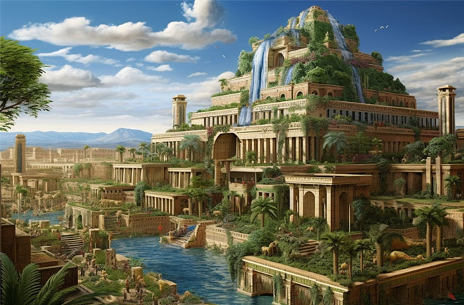 ہینگنگ گارڈنس آف بیبلون،عراق،(Hanging Gardens of Babylon): اس باغ کو ۶۰۰؍ قبل مسیح میں بنایا گیا تھاجو ۲۲۶ء؍ قبل مسیح میں زلزلے سے تباہ ہوگیا تھا۔ اس کے متعلق دلچسپ بات یہ ہے کہ بیشتر مورخین اسے کے وجود کا انکار کرتے ہیں جبکہ کچھ کا خیال ہے کہ اسے ادشاہ نبوچادریزر دوم نے اپنی بیوی کیلئے بنائے تھے کیونکہ وہ اپنے گھر کے باغات کو یاد کرتی تھیں۔