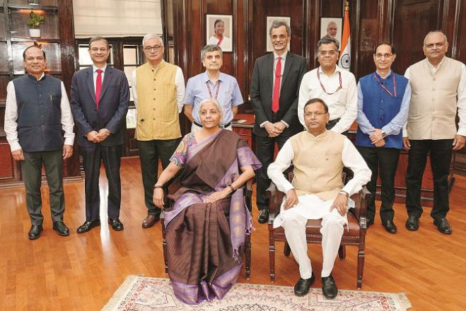 Finance Minister Nirmala Sitharaman and Pankaj Chaudhary, along with the budget team.  Photo: PTI