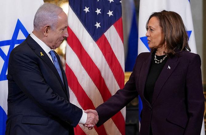 Kamala Harris and Netanyahu during the meeting. Photo: PTI.