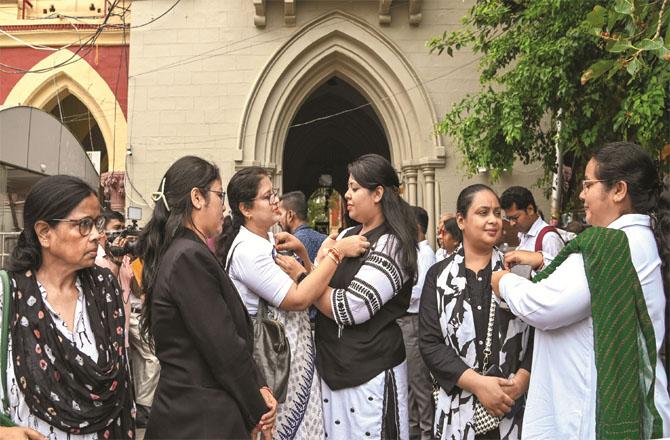 In Kolkata, lawyers wearing black ribbons demonstrated against the new penal and criminal laws. Photo: PTI