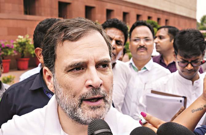 Leader of Opposition in Lok Sabha Rahul Gandhi talking to the media. Photo: PTI
