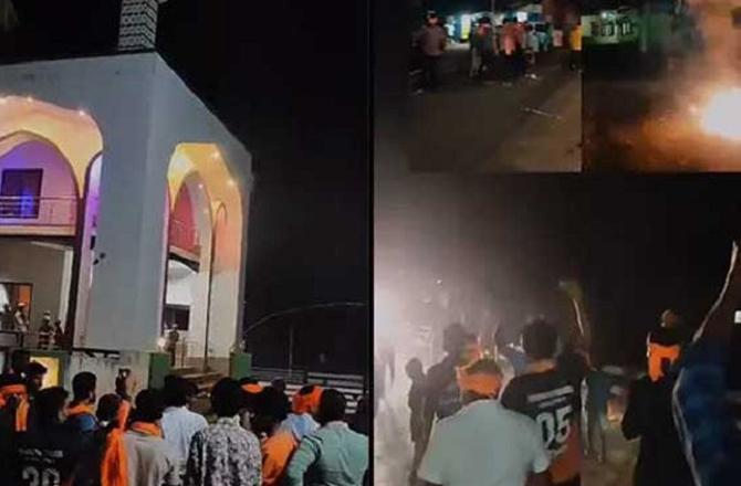 BJP workers shouting provocative slogans outside the mosque. Photo: X.