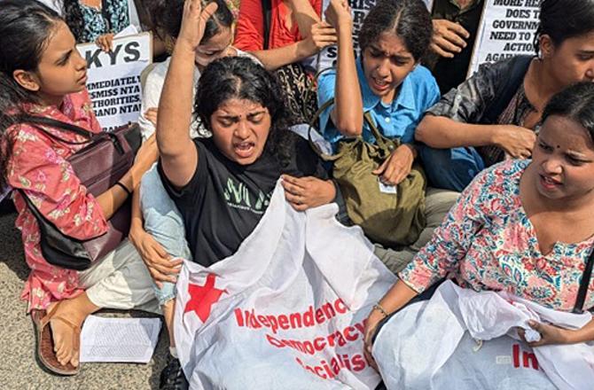 Students protesting outside the Union Ministry of Education. Image: X