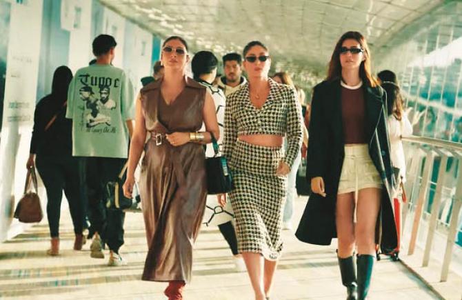 Tabu, Kareena Kapoor and Kriti Sanon can be seen in a scene from the movie `Crew`. Photo: INN