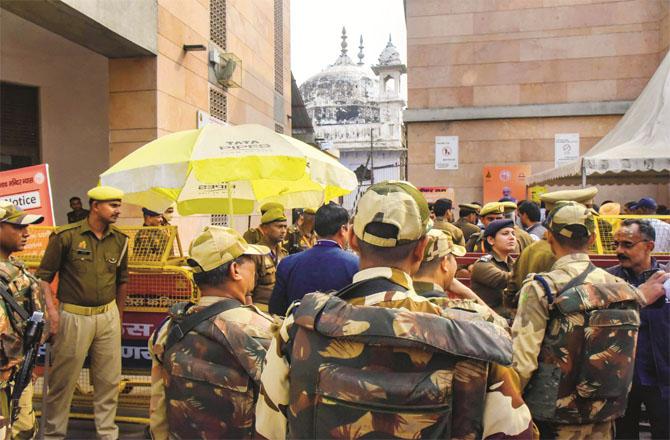 Tight security is maintained outside and around the Gyan Vapi Masjid in Banaras. Photo: INN