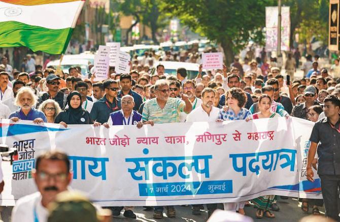 Priyanka Gandhi, Rahul Gandhi and others are seen in `Bharat Jodo Nyay Sankalp Pad Yatra`. Photo: PTI