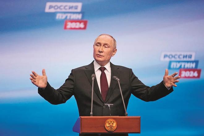 Russian President Vladimir Putin speaking after the results. Photo: PTI