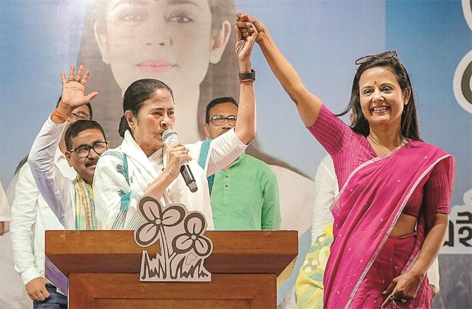 Mamata Banerjee and Mehwa Moitra during an election rally in Nadia. Photo: PTI