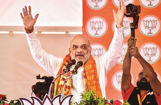 Amit Shah addressing an election rally in Lakhimpur. Photo: PTI.