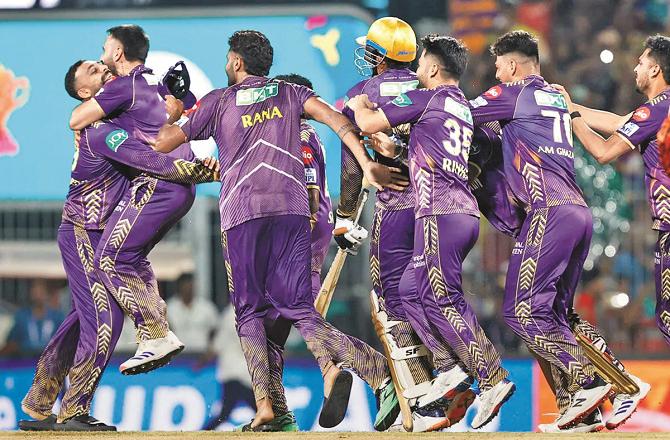 All the Kolkata players rushed to Venkatesh Iyer and were quick to hug him after achieving a modest target in the IPL final. Iyer scored a half-century. Photo: INN