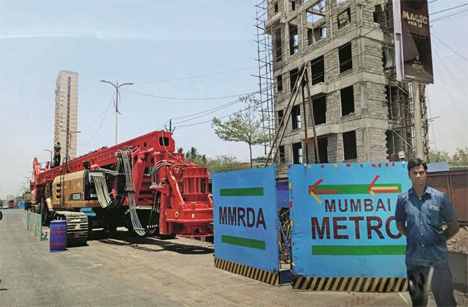 Construction work of Kalyan-Taluja Metroline 12 is going on at Shell Phatarod. Photo: Inquilab