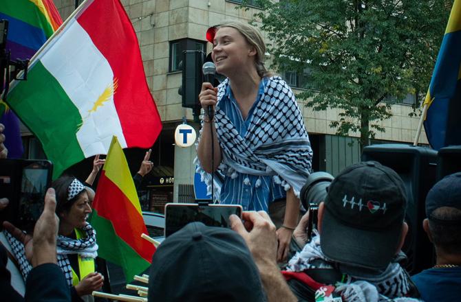 Greta Thunberg during a pro-Palestinian rally in Italy. Image: X