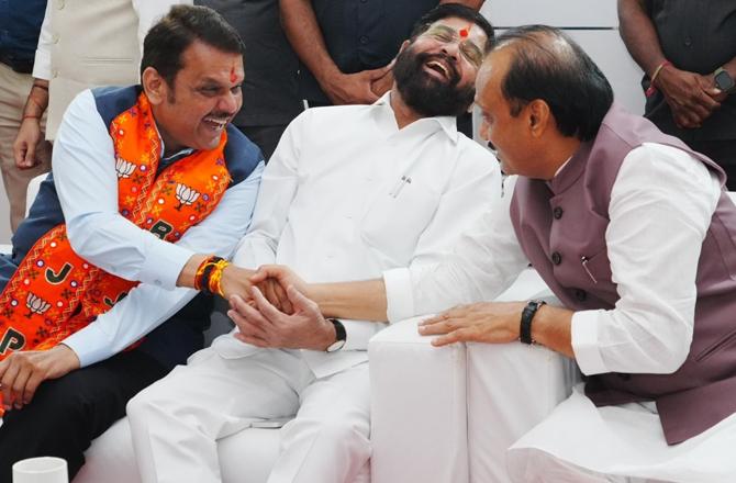 Ajit Pawar, Eknath Shinde and Devendra Fadnavis. Image: X
