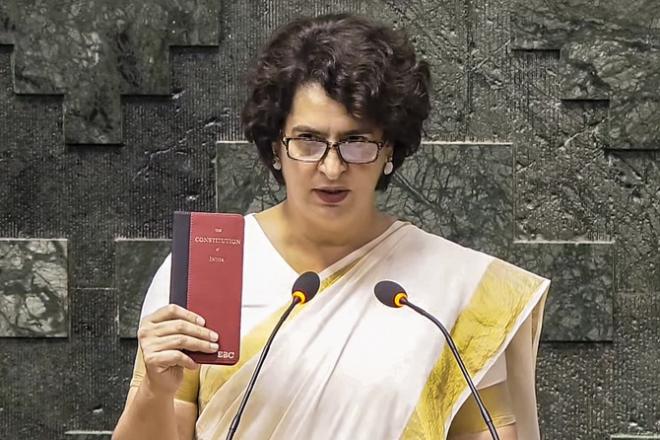 Priyanka Gandhi taking oath. Photo: PTI