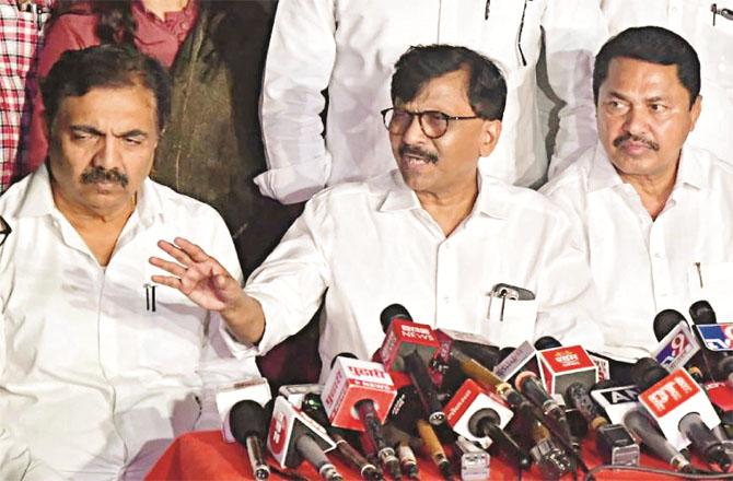 Nana Patole, Sanjay Raut and Jayant Patil during the press conference. Photo: INN