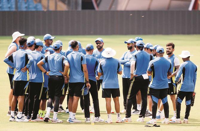 The Indian players are strategizing ahead of the Test starting Friday at the Wankhede Stadium. Photo: PTI.