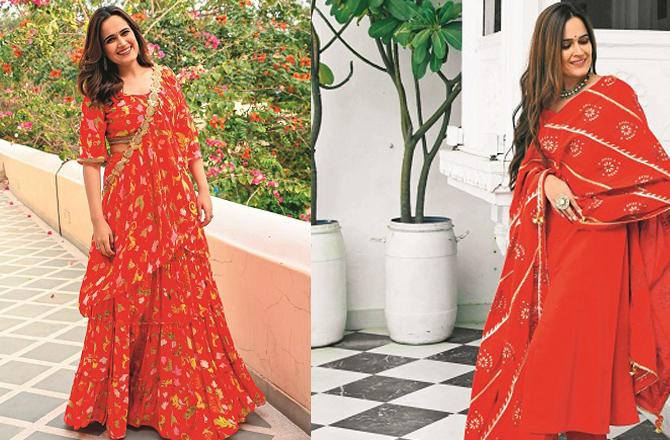Suit set in the first picture, saree in the second picture. Photo: INN.