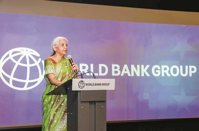 Finance Minister Nirmala Sitharaman addressing the World Bank meeting. Photo: PTI.