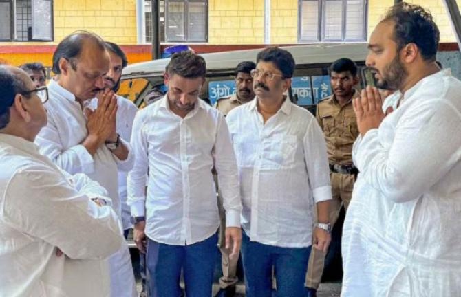 Baba Siddiqui`s body was taken to Cooper Hospital for post-mortem, where his son Zeeshan Siddiqui was met by Deputy Chief Minister Ajit Pawar. Photo: INN