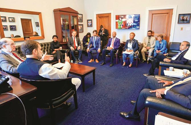 Rahul Gandhi with members of the US House of Representatives in Washington. Photo: INN.