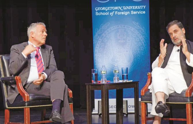 Rahul Gandhi during an interaction with students at Georgetown University on Monday. Photo: PTI