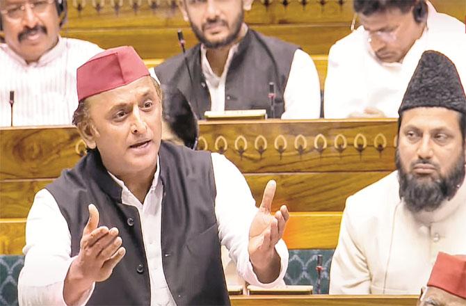 MP Akhilesh Yadav during his speech in the Lok Sabha. (PTI)
