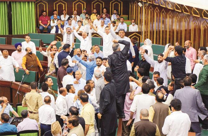 Members protesting in the Jammu and Kashmir Assembly. Photo: PTI