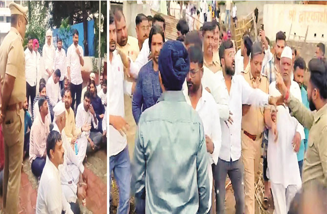 Sadabhav Khot in the Gaushala, a picture of the argument and altercation with the cow vigilantes coming out with supporters. Left: Protesting at the police station