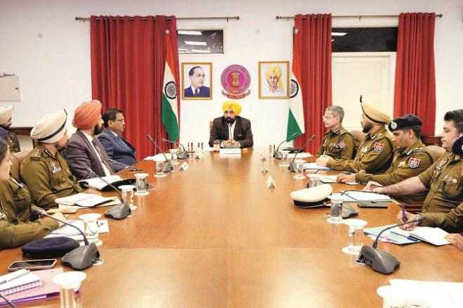 Chief Minister of Punjab Bhagwant Mann while addressing Police Commissioners and Senior Superintendents of Police. Photo: INN