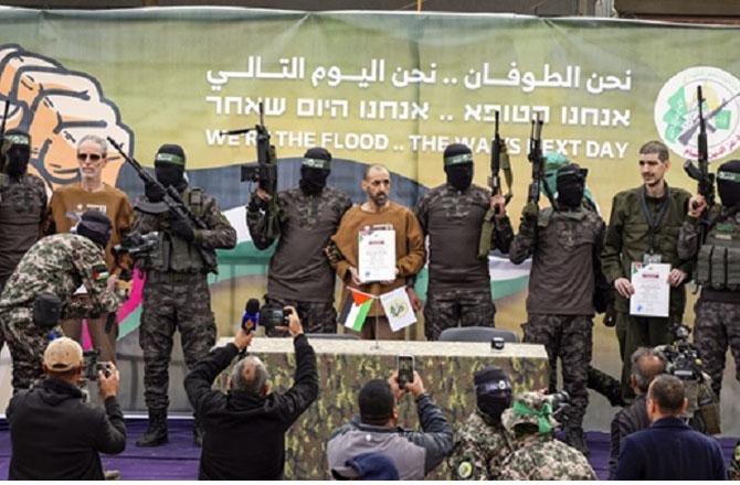 A scene of Hamas releasing Israeli hostages. Photo: PTI