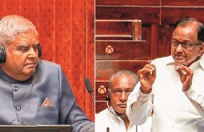 P. Chidambaram presenting his position. Chairman Jagdeep Dhankar can also be seen. Photo: INN