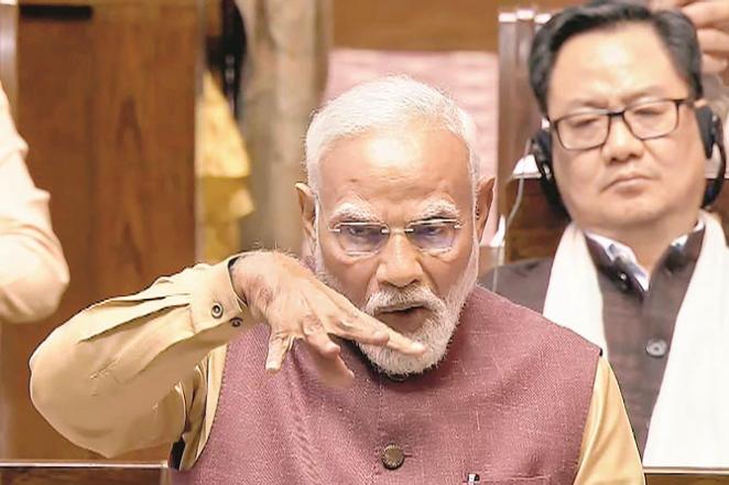 Prime Minister Modi during his address in the Rajya Sabha. Photo: PTI