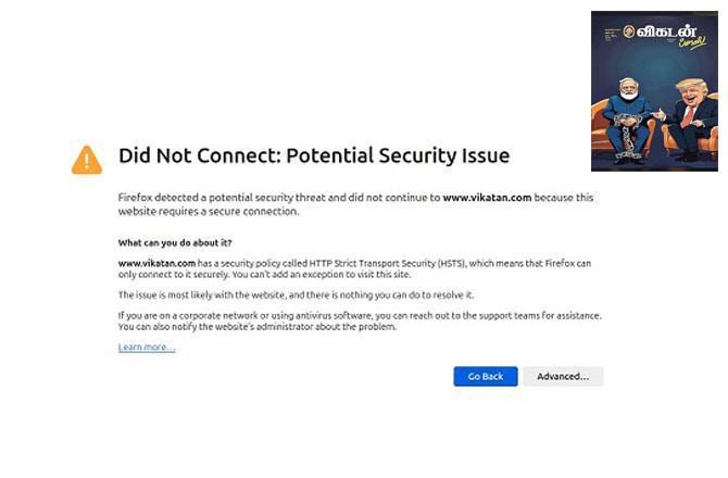 Vikatan web portal, which has been blocked, inset is a cartoon created by Vikatan. Photo: INN