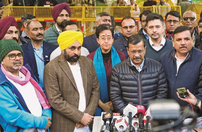 Arvind Kejriwal spoke to the media after the meeting with the Election Commission. Photo: PTI
