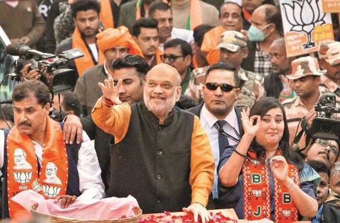 Union Home Minister Amit Shah and Member of Parliament Bansri Swaraj in a rally. Photo: INN