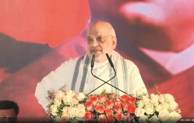 Amit Shah can be seen addressing the BJP convention to be held in Shirdi. Photo: INN