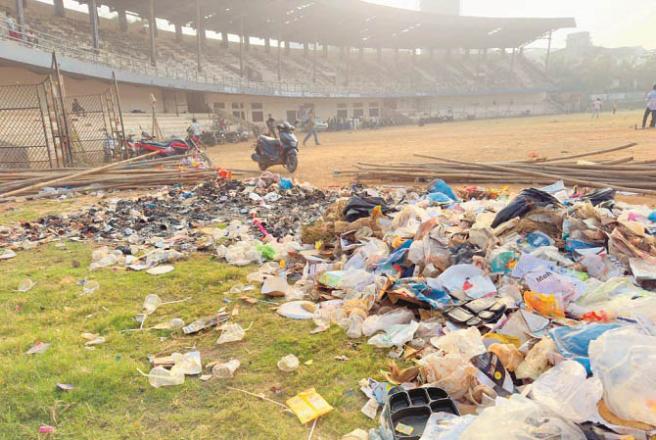 Garbage and potholes are visible in Parashuram Tower Stadium. Image: Revolution