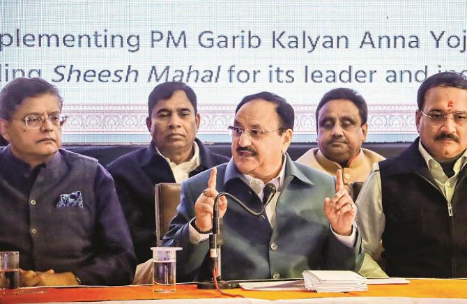BJP President JP Nadda announcing `Delhi Sankalp Patra-1`. Photo: PTI