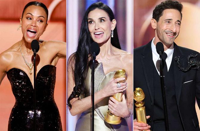Golden Globes winners Zoe Saldana, Demi Moore, and Adrien Brody. Photo: INN.