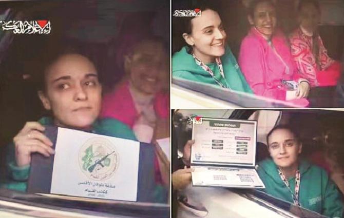 Photos taken from video footage released by Al-Qassam show bags and certificates in the hands of the hostages. Photo: INN
