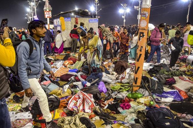 The scene after the stampede at the Mahakumbha. Photo: PTI