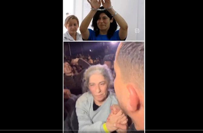Two photos of Palestinian activist Khaleda Jarrar, released from Israeli prison, telling stories of Israeli atrocities. Photo: X