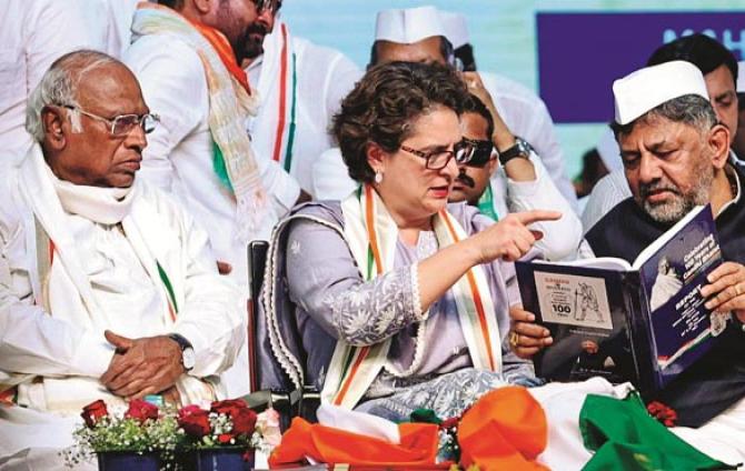 A picture of the `Jai Bapu, Jai Bheem, Jai Sanvedhan` program released by the Congress on Tuesday. Photo: PTI
