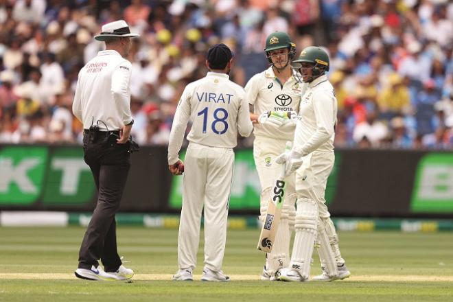 There was an argument after Konstas was pushed by Virat Kohli and the umpire had to intervene. Photo: PTI
