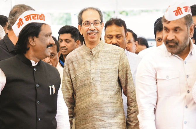 Uddhav Thackeray is in high spirits after his success in defeating the Fadnavis government in the Hindi controversy. He can be seen at Vidhan Bhavan on Monday.