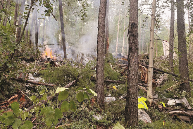 The wreckage of the crashed plane can be seen in a forest on the outskirts of Tyumen, Russia. Photo: INN